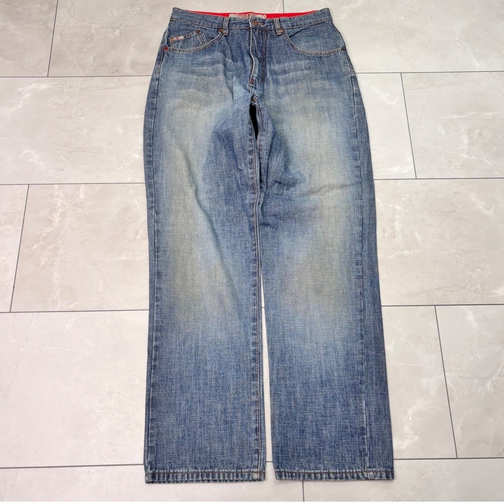 Indigo Red Industrial Denim Jeans Crazy Faded Mens 34 Baggy Wide Leg Y2K